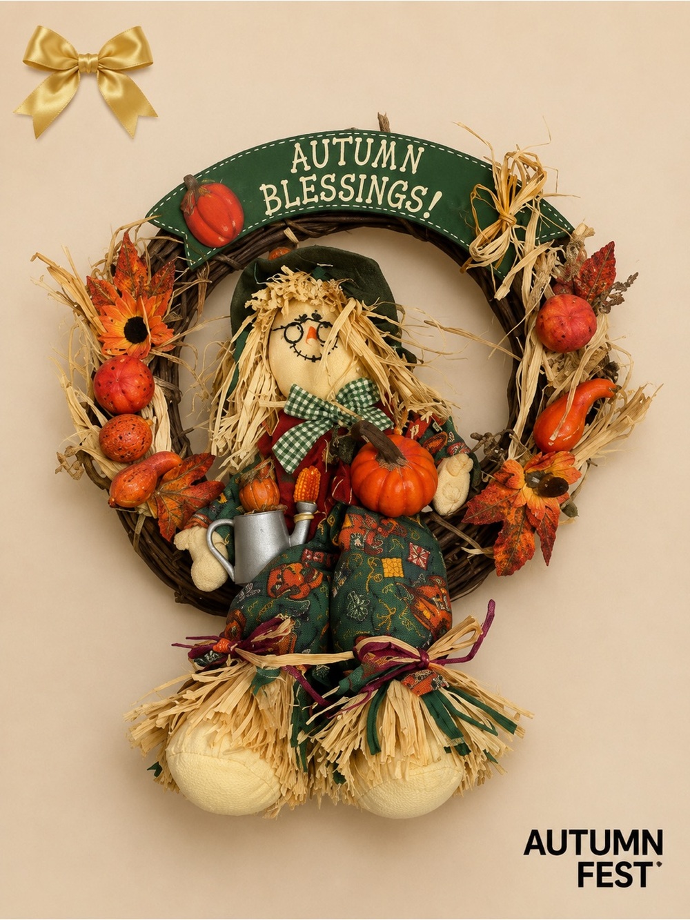 Autumn Blessings Scarecrow Wreath with Grapevine Base Fall Harvest Decor